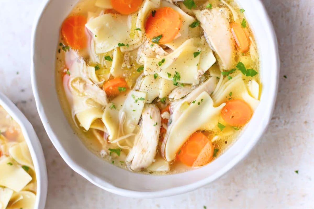 A bowl of Crockpot Chicken Noodle Soup.