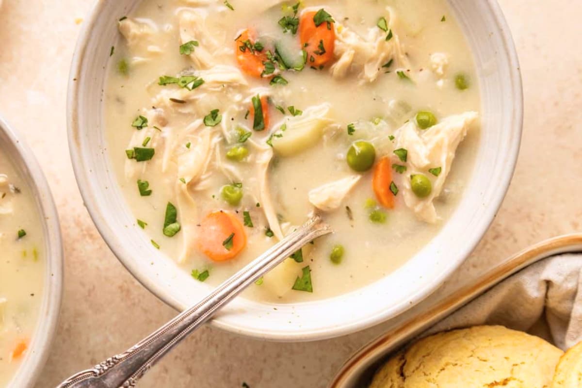 A bowl of Crockpot Chicken Pot Pie Soup.