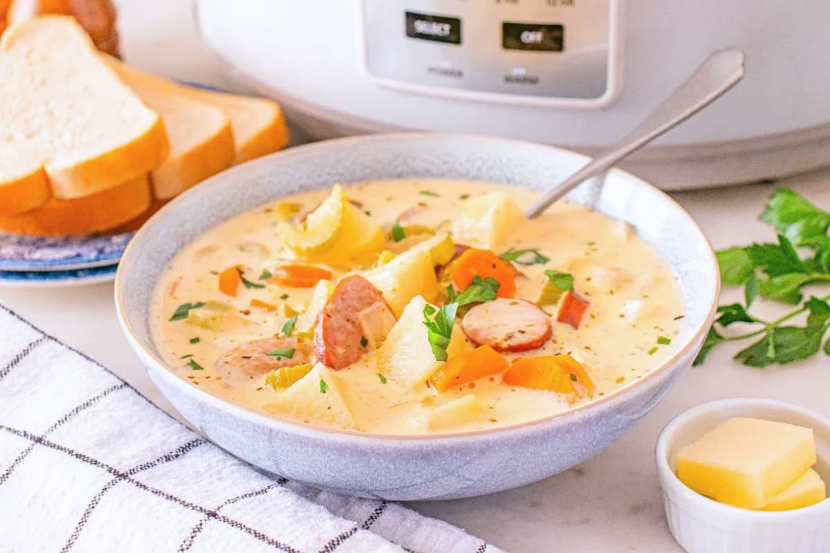 A bowl of Slow Cooker Kielbasa Potato Soup.