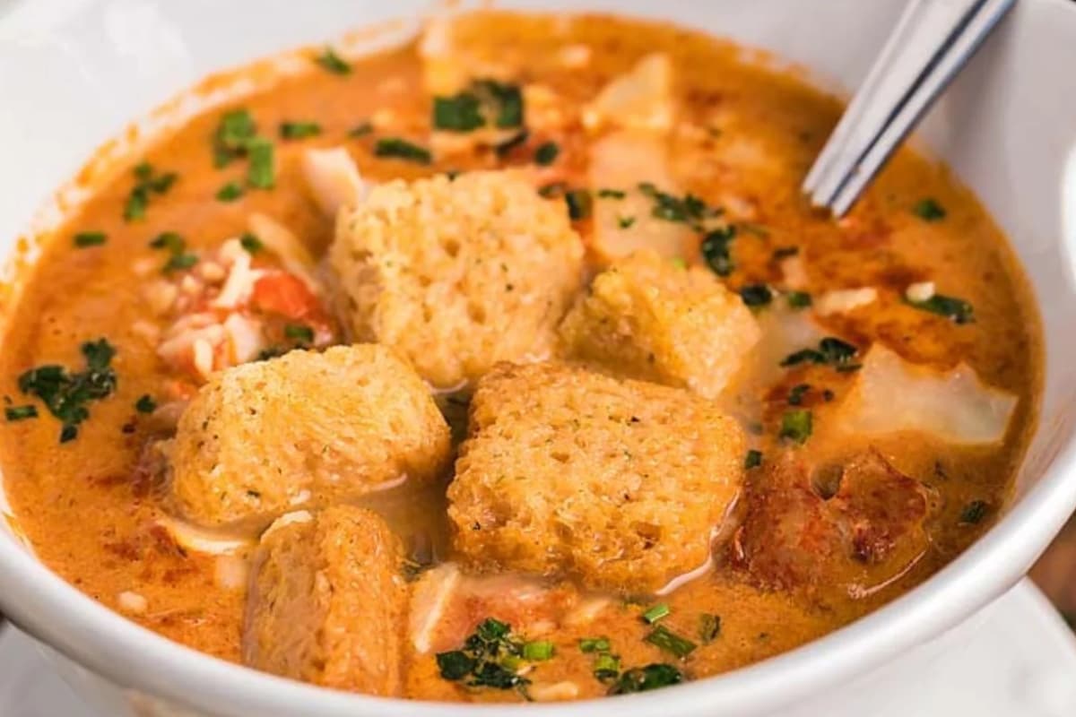 A bowl of Slow Cooker Seafood Bisque.