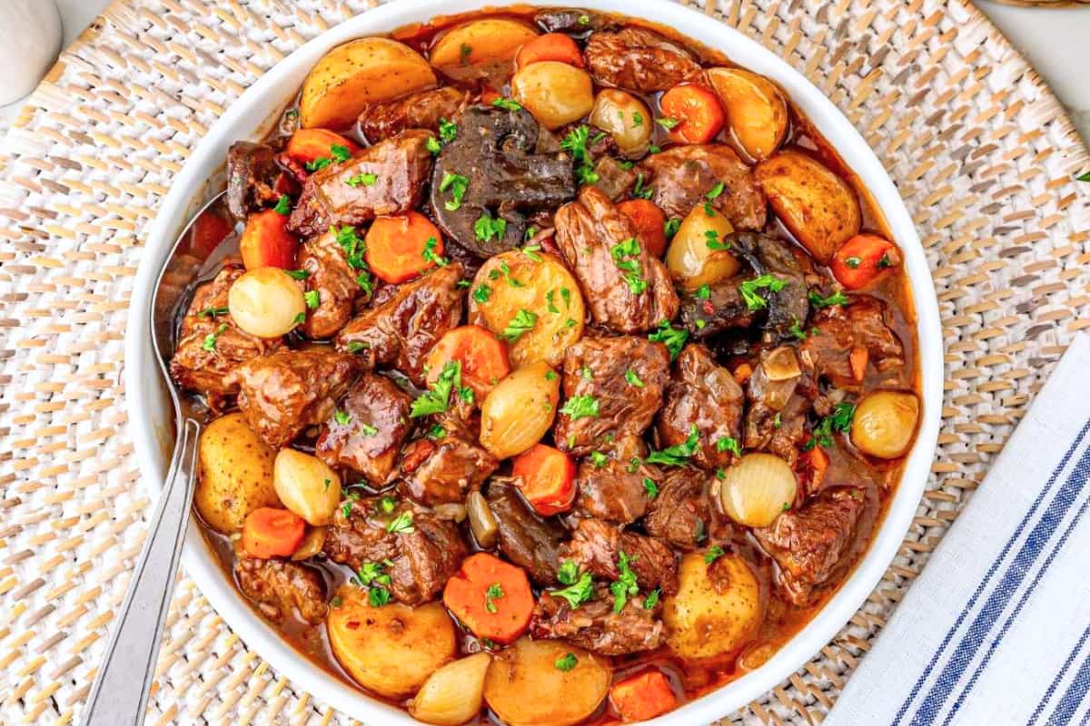 A bowl of Crockpot French Beef Stew.