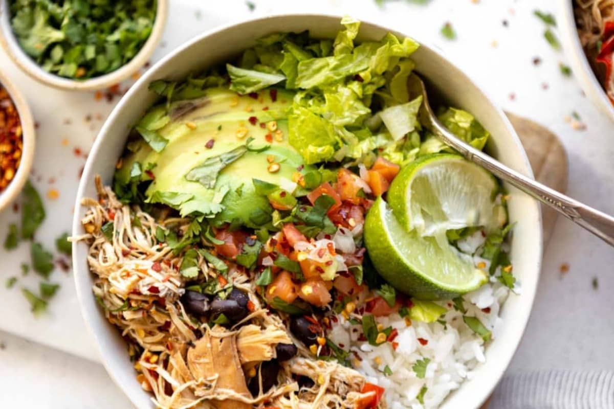 A bowl of Slow Cooker Chicken Taco Bowls.