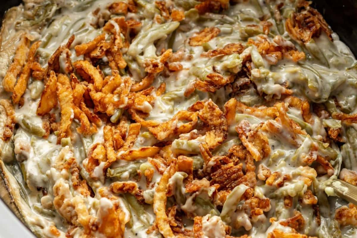 A dish of Slow Cooker Green Bean Casserole.