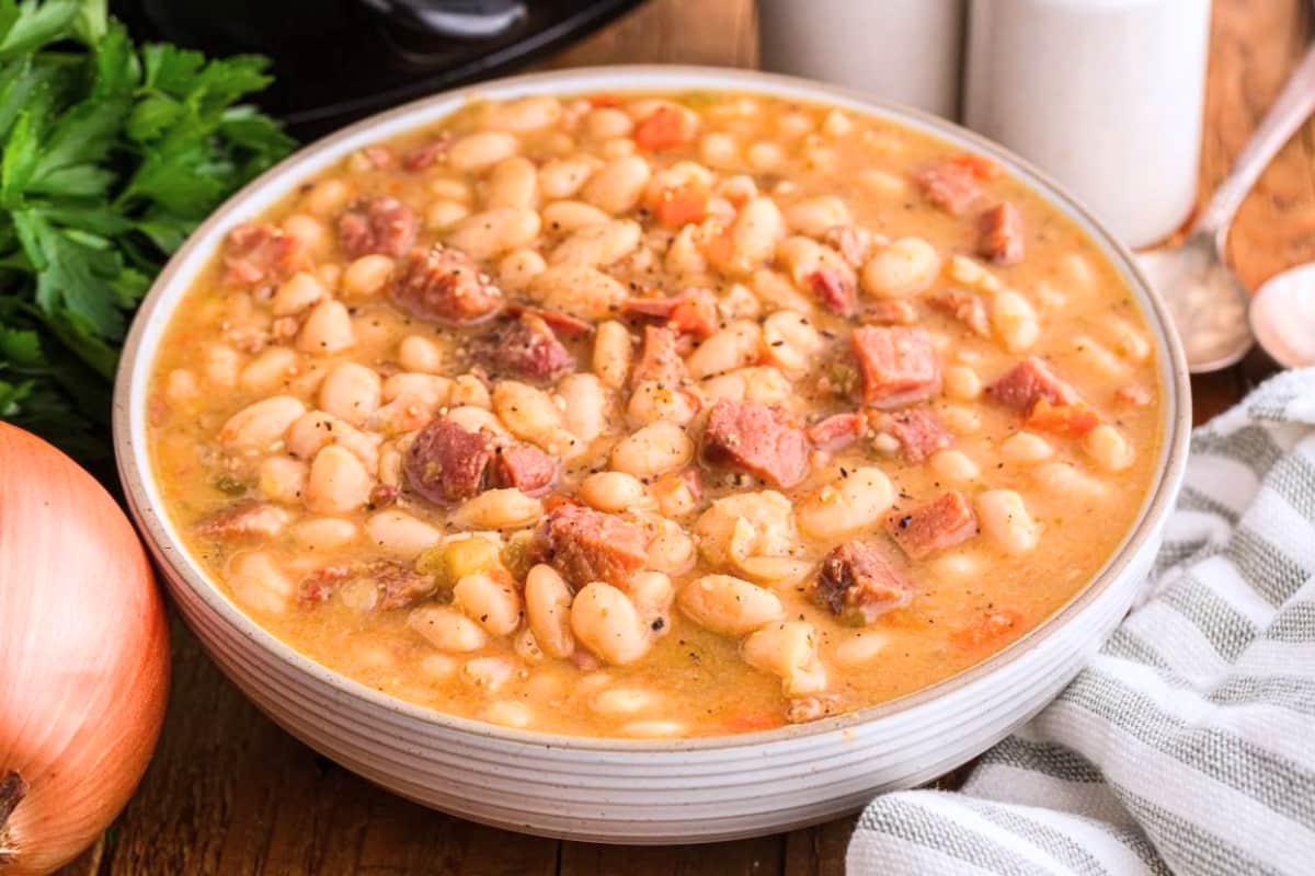 A bowl of Slow Cooker Ham and Bean Soup.
