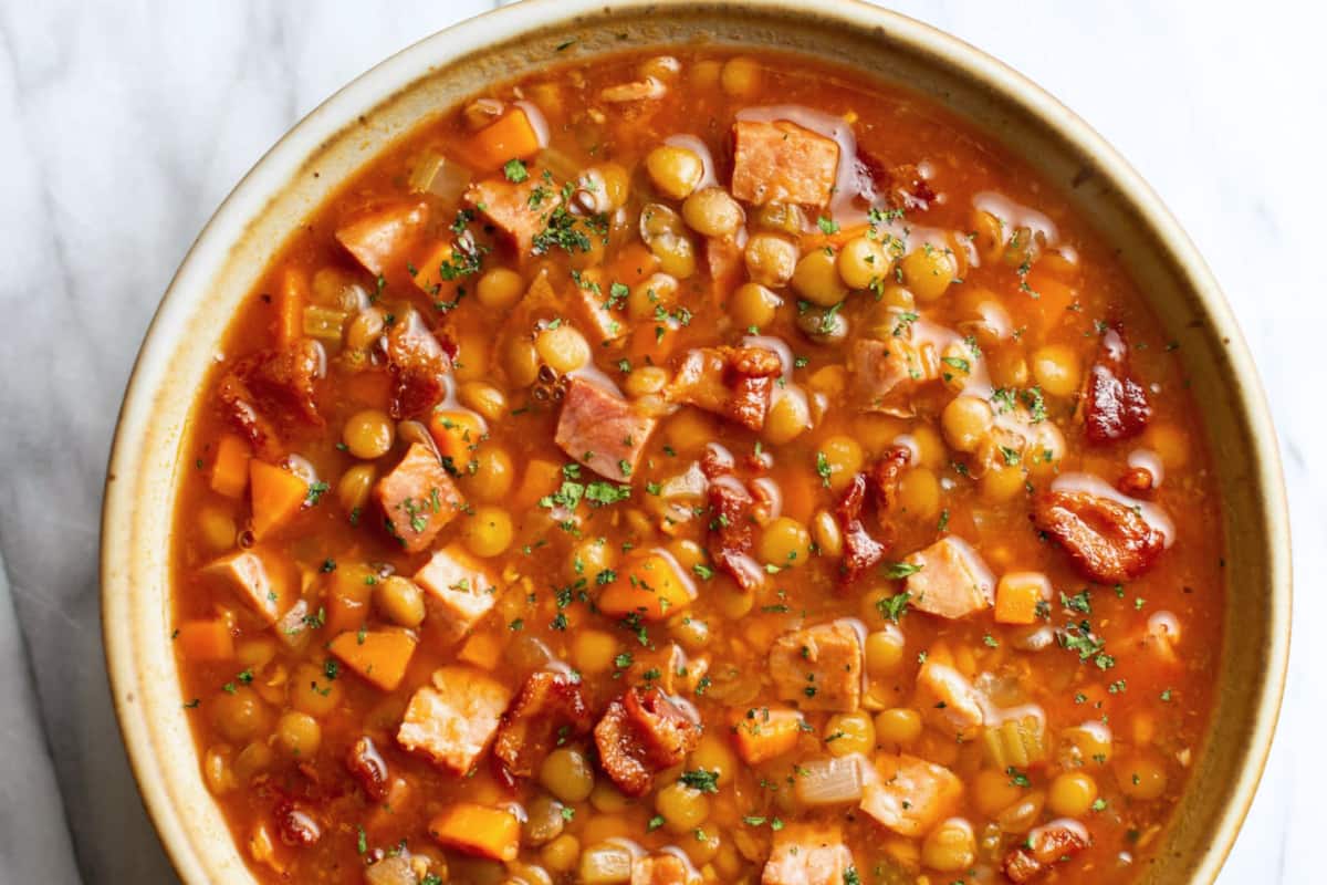 A bowl of Ham and Lentil Soup.