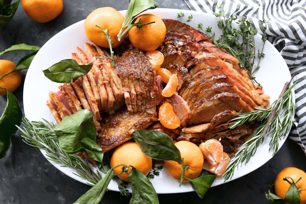 A plate of Slow Cooker Ham with Marmalade Glaze.