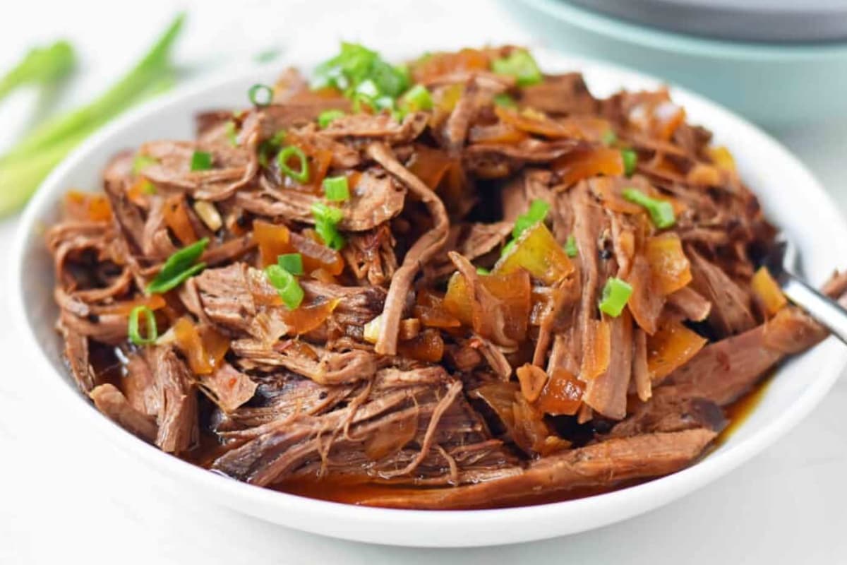 A dish of Slow Cooker Honey Balsamic Beef.