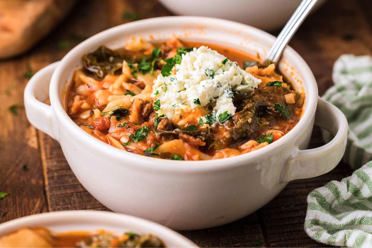 A bowl of Slow Cooker Lasagna Soup.