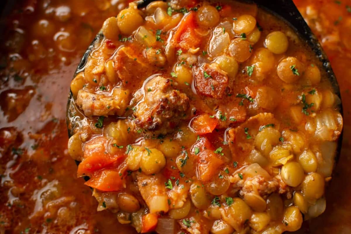 A bowl of Sausage and Lentil Soup.