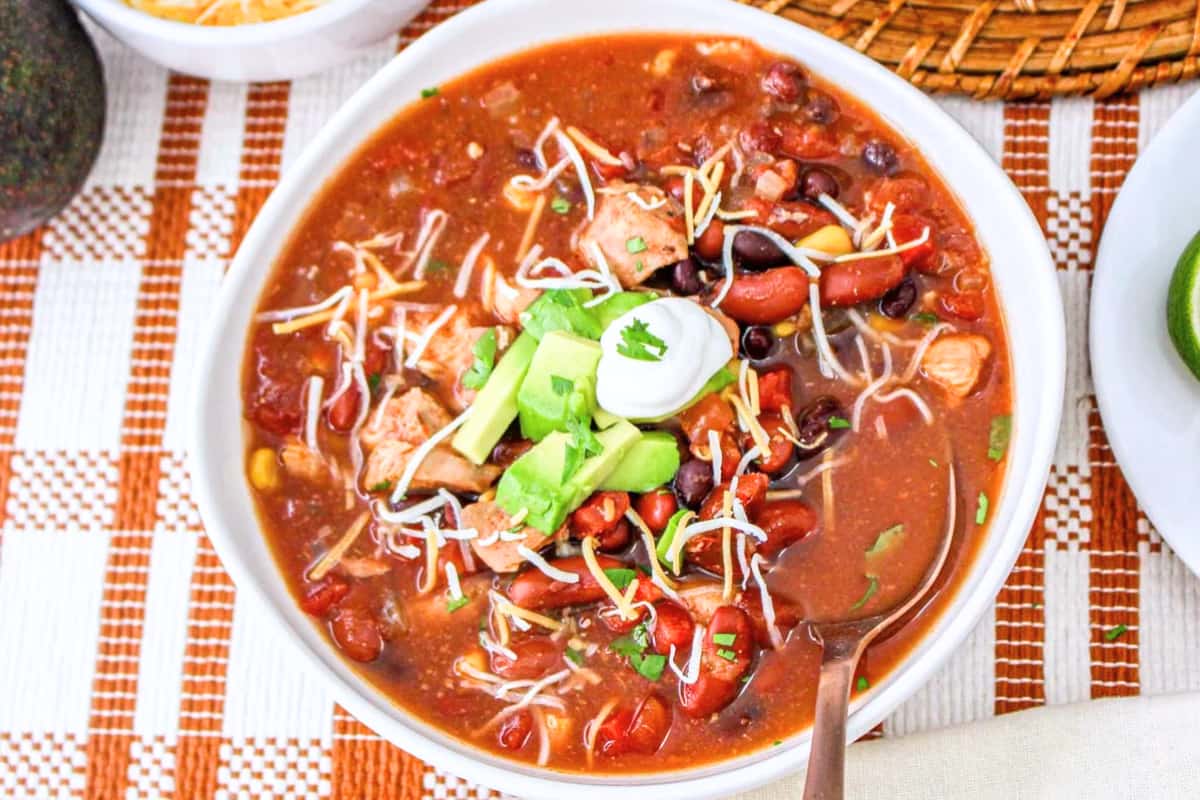 A bowl of Slow Cooker Chipotle Chicken Chili.