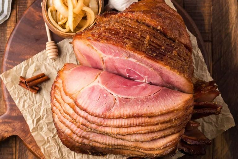 A plate of Smoked Honey Glazed Ham.