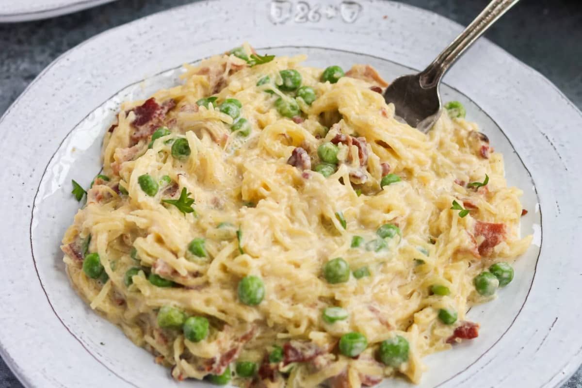 A plate of Whole30 Spaghetti Squash Carbonara.
