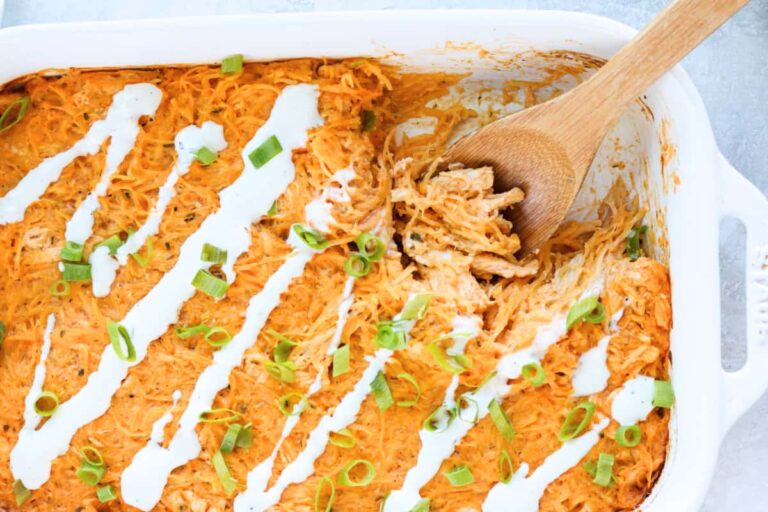 A dish of Buffalo Chicken Spaghetti Squash Casserole.