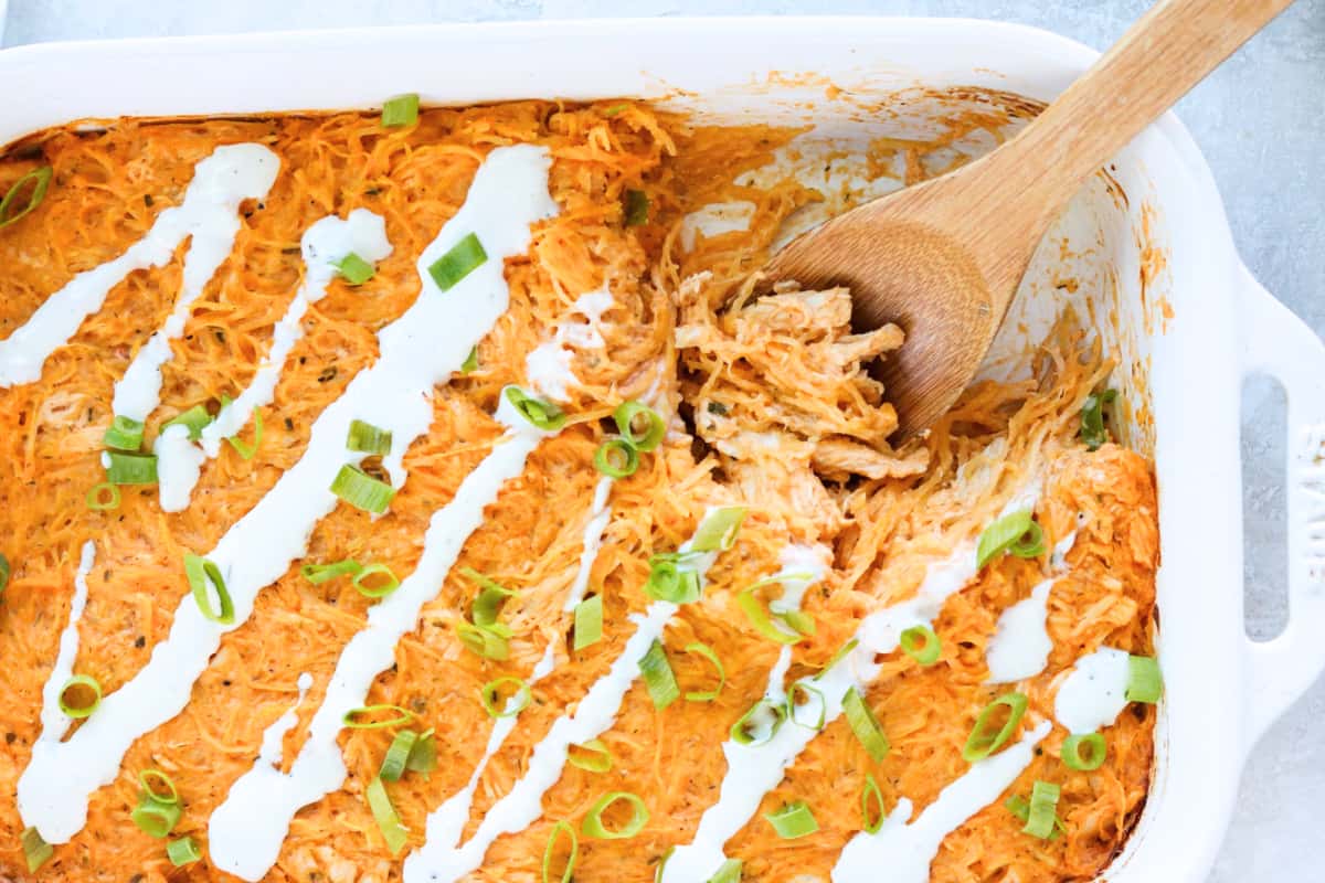 A dish of Buffalo Chicken Spaghetti Squash Casserole.