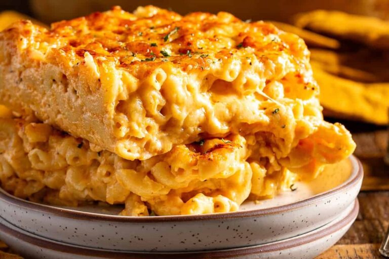 A dish of Cajun Baked Mac and Cheese.