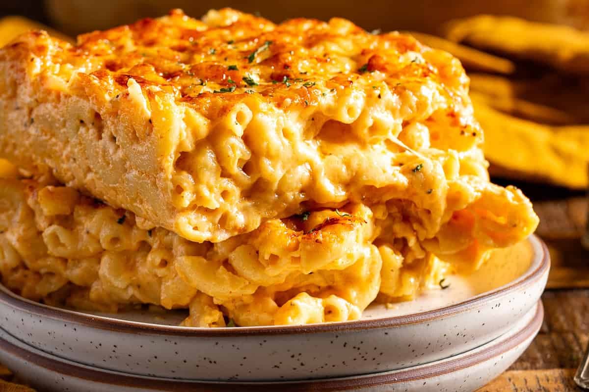 A dish of Cajun Baked Mac and Cheese.