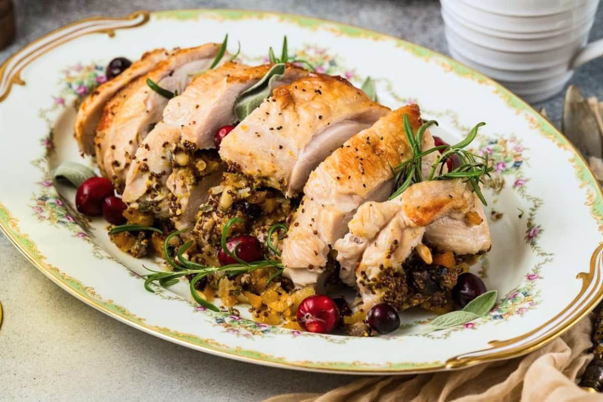 A plate of Stuffed Turkey Breast.