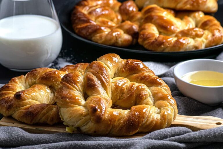A plate of Sweet Pretzels with Honey Syrup.