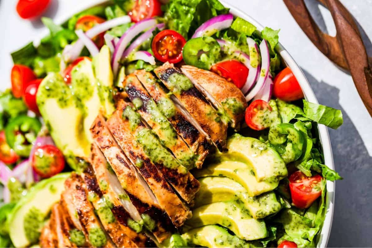 A bowl of Guacamole Chicken Salad.