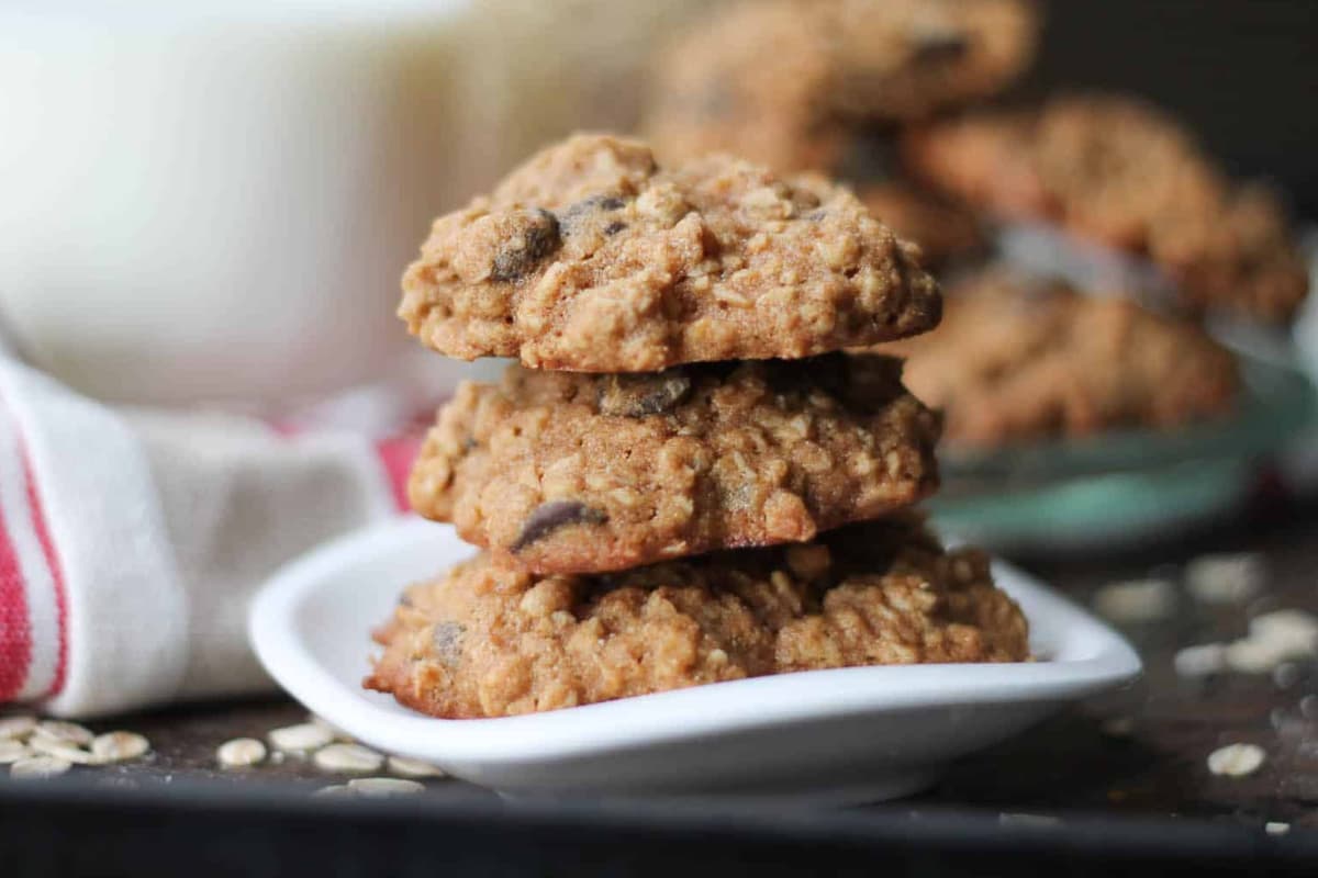 A plate of Thick Oatmeal Chocolate Chip Cookies.