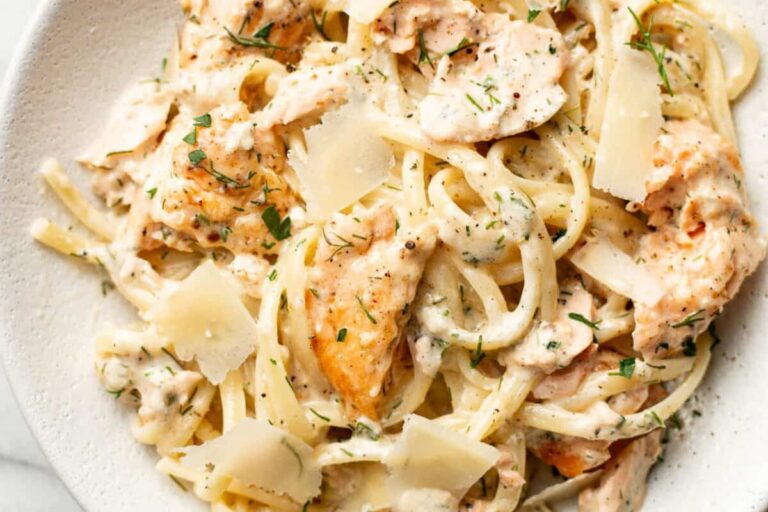 A dish of Lemon Dill Salmon Pasta.