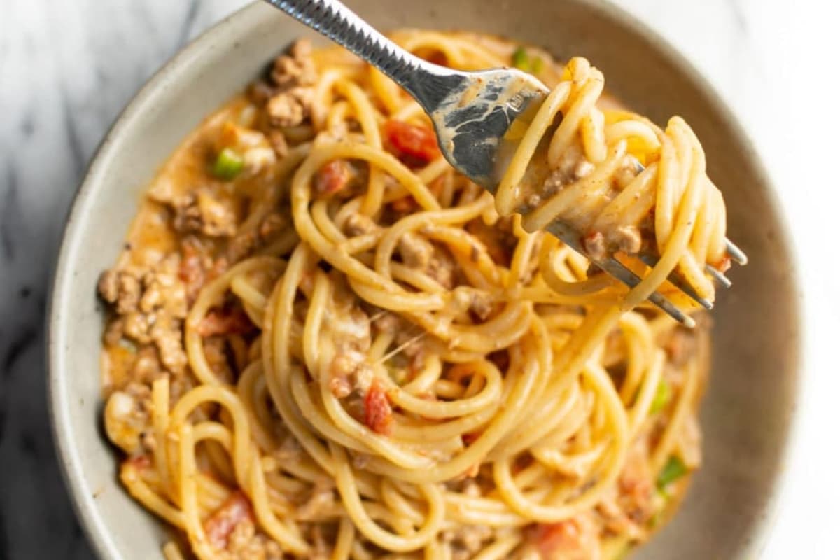 A plate of One Pot Taco Spaghetti.