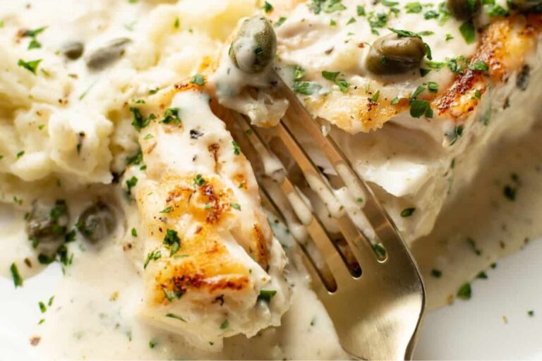 A plate of Creamy White Wine Halibut.