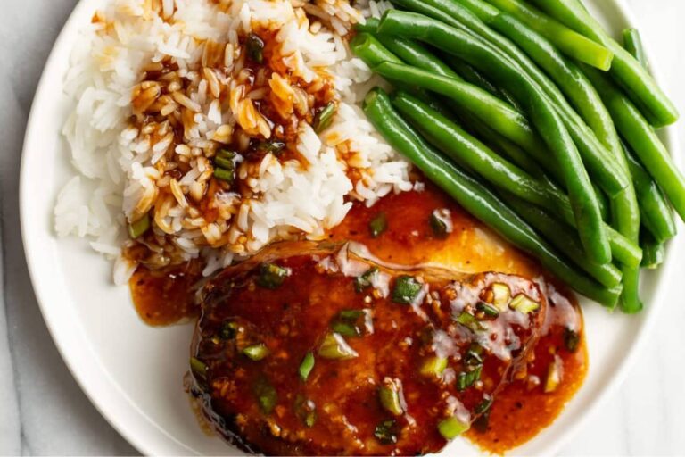 A plate of Honey Garlic Pork Chops.
