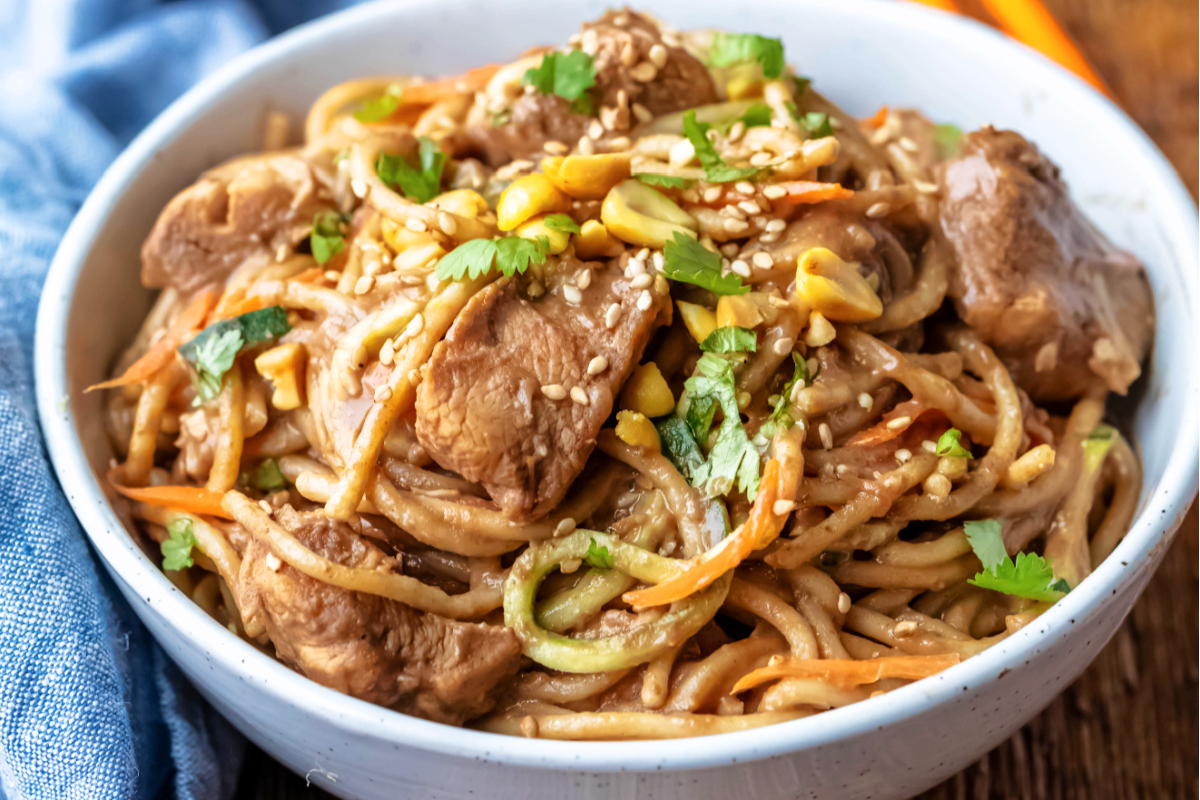 A bowl of Instant Pot Peanut Noodles.