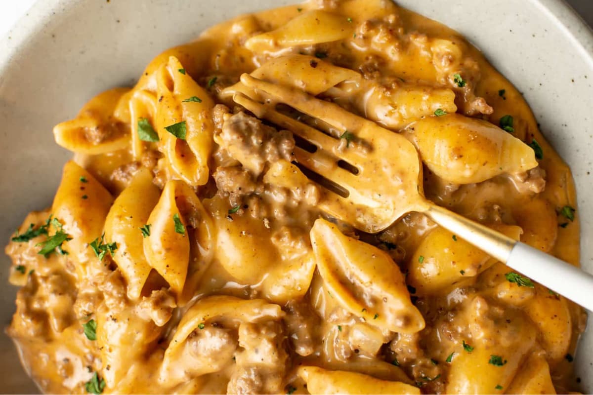 A dish of One Pot Cheesy Beef and Shells.