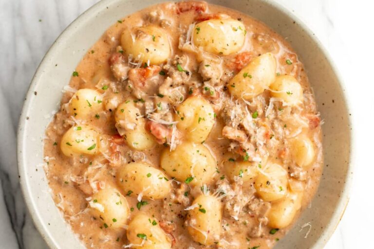 A bowl of Ground Beef Gnocchi.