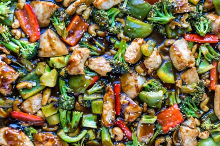 A dish of Sheet Pan Cashew Chicken.