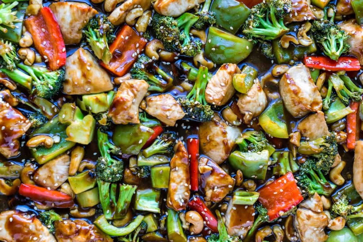 A dish of Sheet Pan Cashew Chicken.