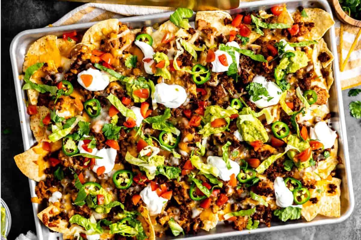 A pan of Sheet Pan Nachos.
