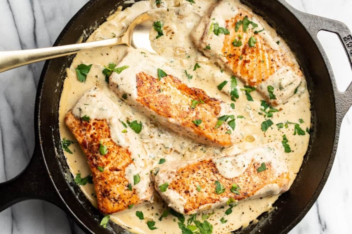 A pan of Boursin Salmon.