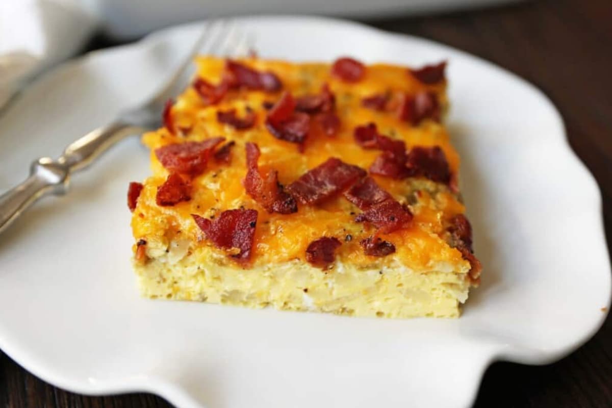 A plate of Bacon Egg and Cheese Breakfast Casserole.