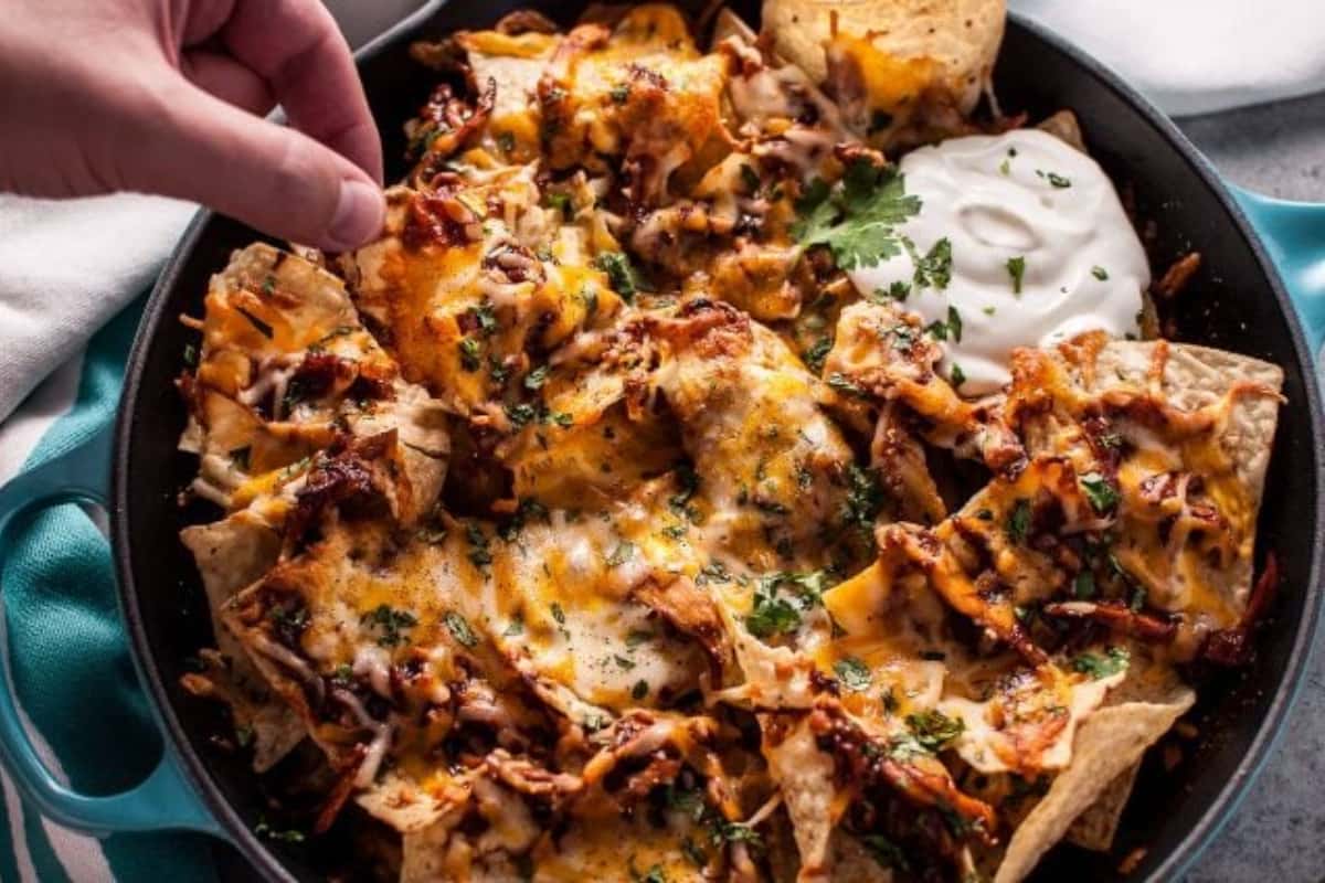 A dish of BBQ Chicken Skillet Nachos.