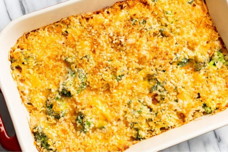 A dish of Cheesy Chicken Divan.