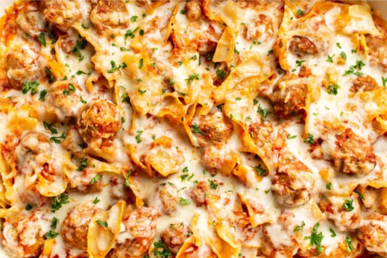 A dish of Easy Meatball Casserole.