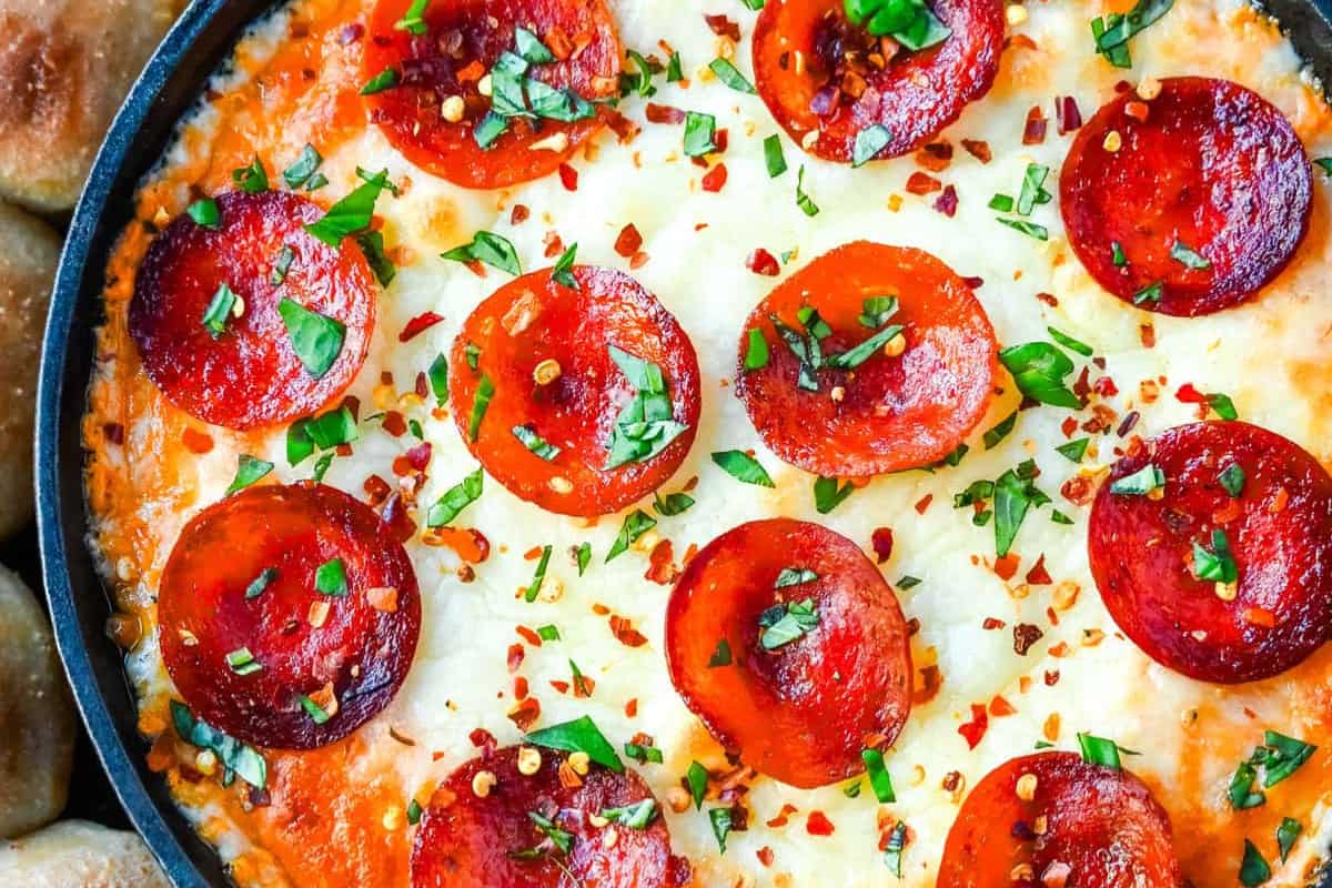 A dish of Pepperoni Pizza Dip.
