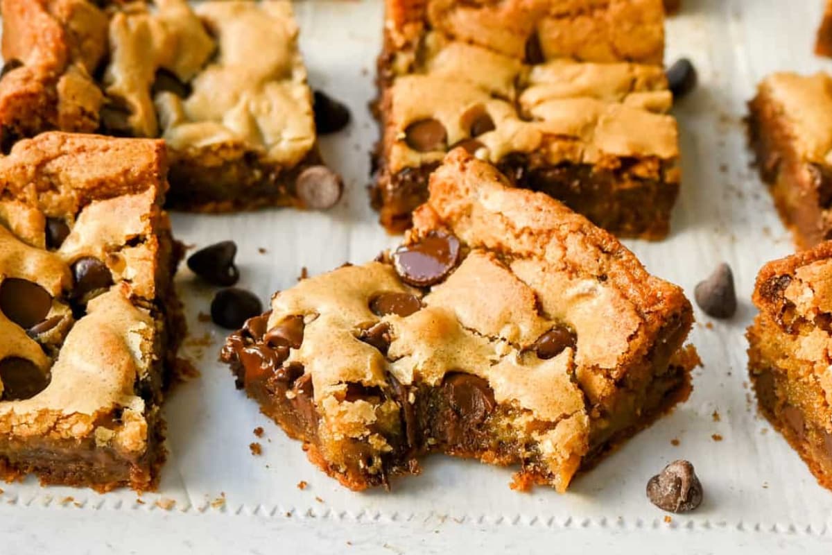 A plate of Chocolate Chip Blondies.