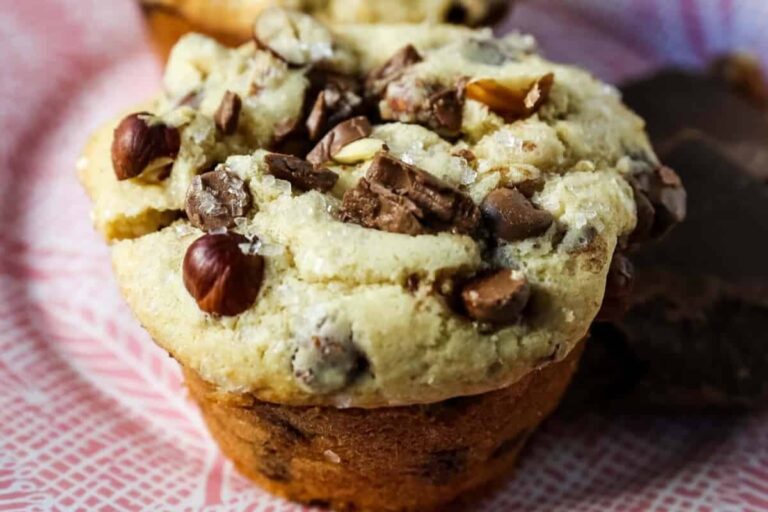 A plate of Chocolate Chip Hazelnut Muffins.