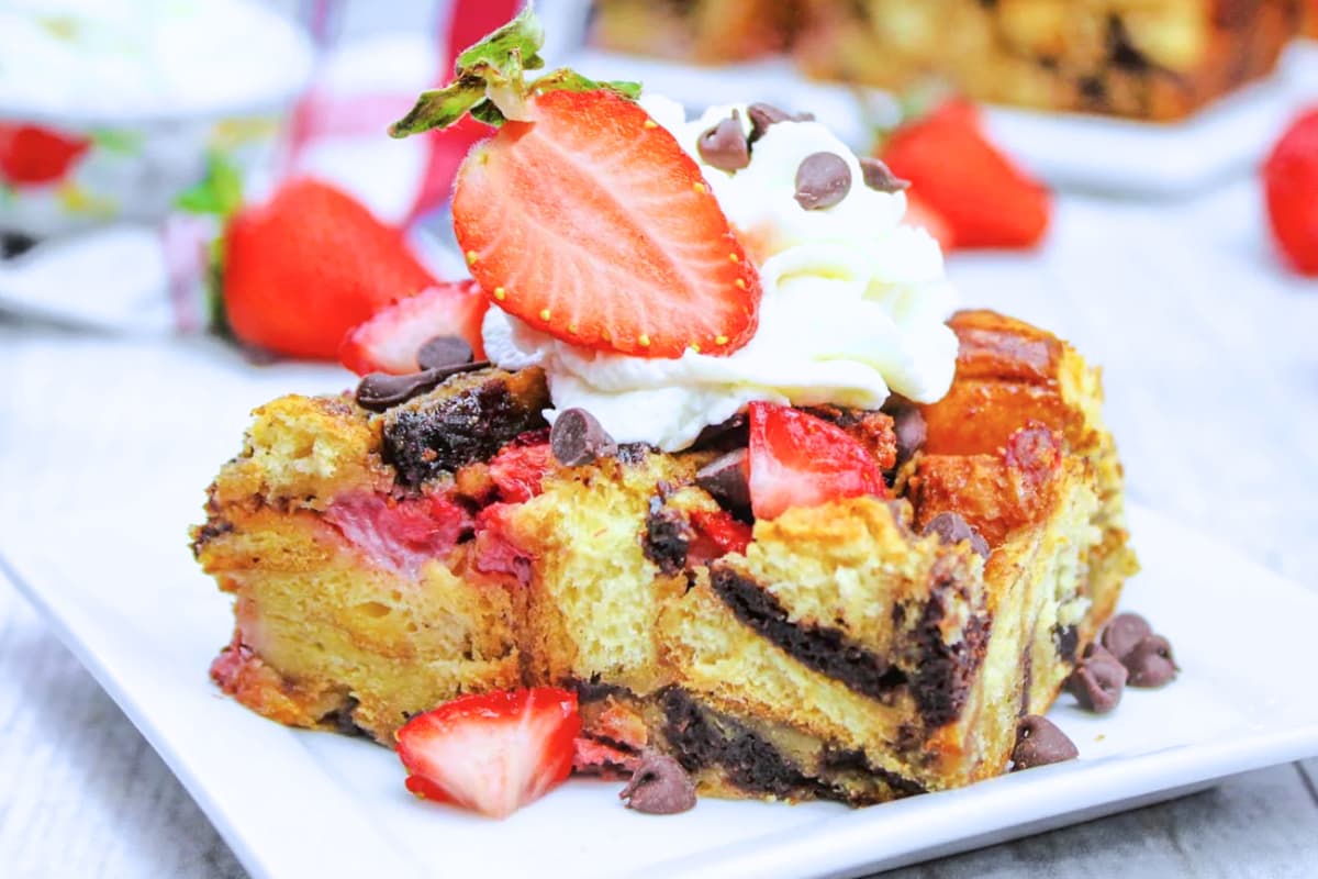 A plate of Chocolate Strawberry French Toast Bake.