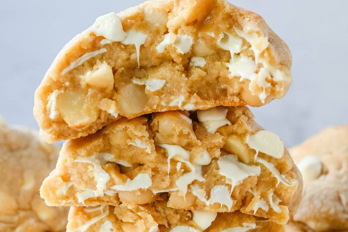 A dish of Levain bakery white chocolate cookies.