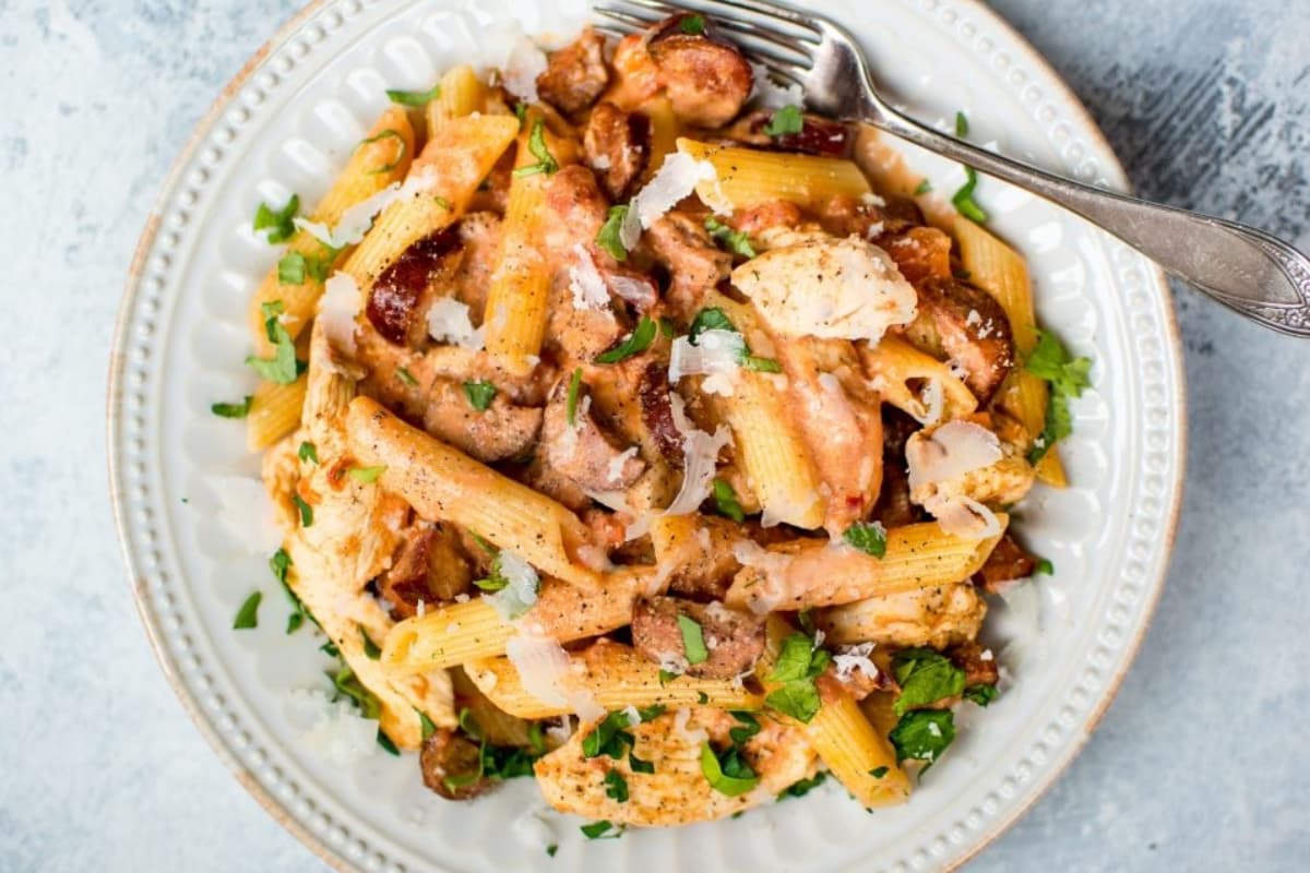 A plate of Chicken and Chorizo Pasta.