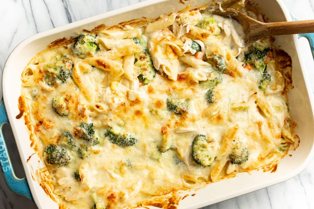 A dish of Chicken Penne Casserole.