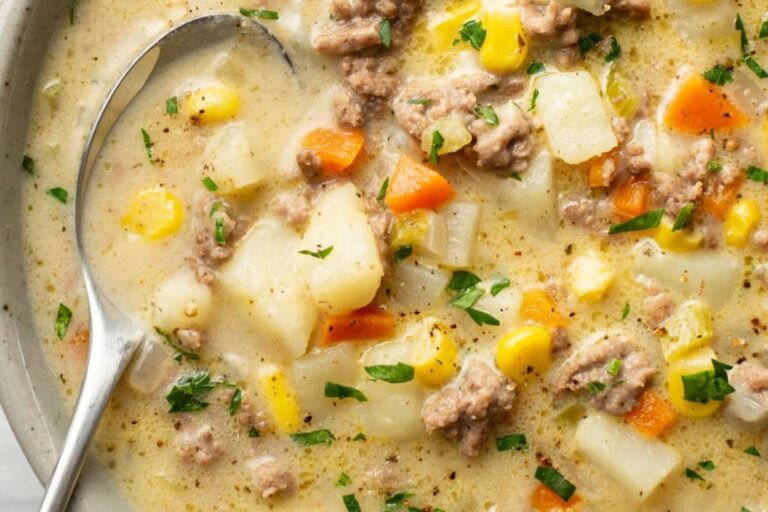 A bowl of Creamy Hamburger Potato Soup.