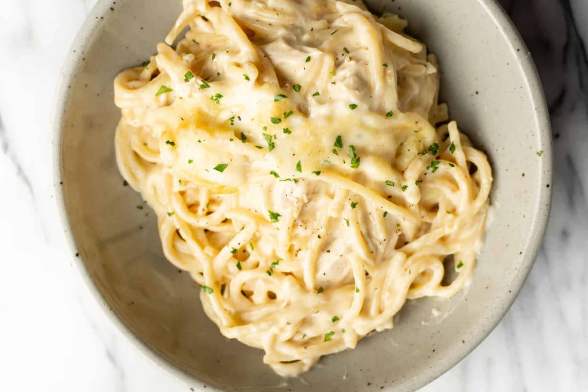 A dish of Ranch Chicken Spaghetti Bake.