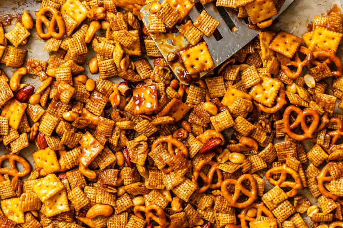 A dish of Toffee Chex Mix.