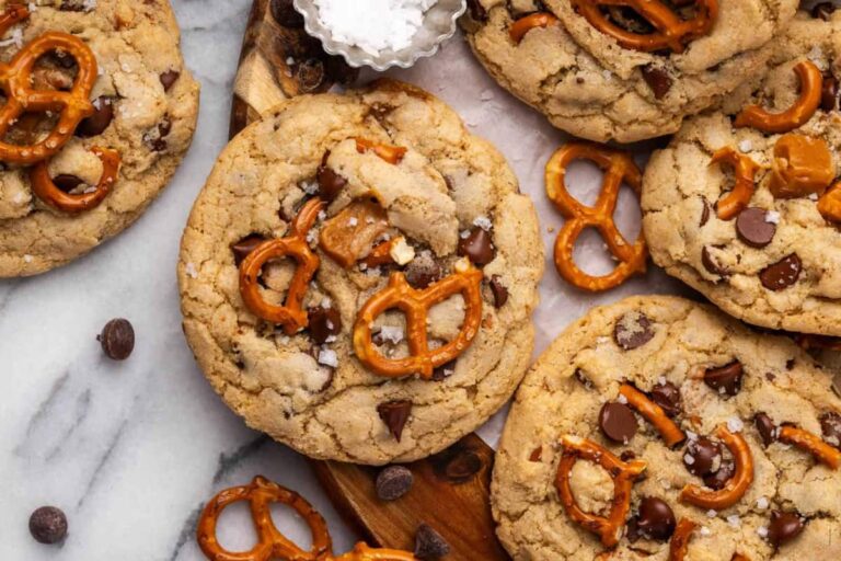 A plate of Caramel Pretzel Chocolate Chip Cookies.